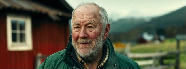 Closeup of an elderly Norwegian farmer, wearing green overalls and white hair in the style of Martin Scorcese's cinematography, set against his red wooden house in the background. The setting is rural - Powered by Adobe