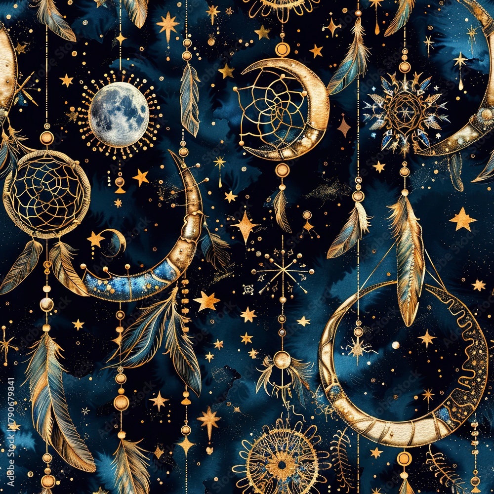 Poster seamless pattern of ethereal 3d dreamcatchers woven with moon and star threads. seamless pattern, fa