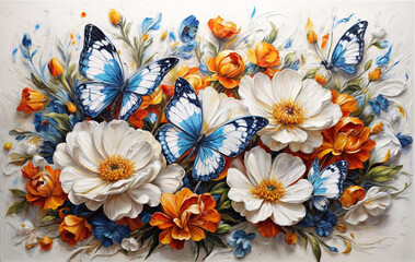 A illustration oil painting two blue and white vibrant, brilliant butterflies are flying between colorful flowers on white background. Use for wallpaper