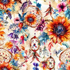Bohemian dreamcatchers in 3D, entwined with vibrant watercolor flowers. Seamless Pattern, Fabric Pattern, Tumbler Wrap, Mug Wrap.