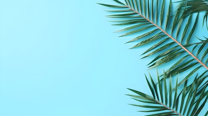 Naklejka premium Tropical palm tree leaves with blue pastel background. Minimal summer concept. Creative top view flat lay with copy space.