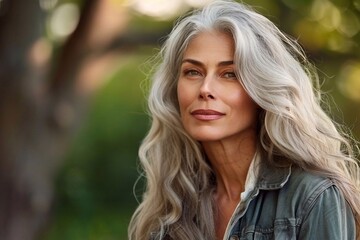 Beautiful gray-haired mature woman with healthy long hair outdoor in nature