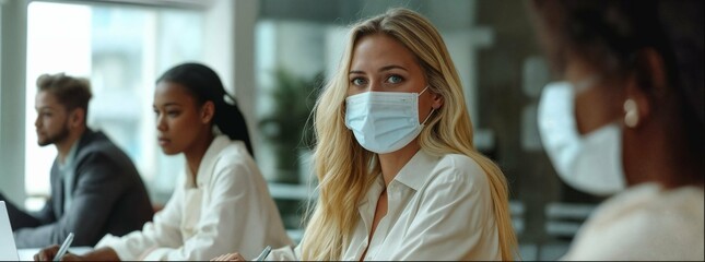 A blonde woman wearing a medical mask, sitting in a meeting room with black men and women all...