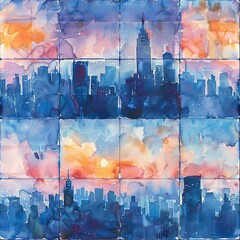 Watercolor tiles of cityscapes at sunrise, each seamlessly blending into the next, with a focus on the changing sky hues.  Seamless Pattern, Fabric Pattern, Tumbler Wrap, Mug Wrap.