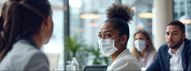 A diverse group of businesspeople in an office setting, all wearing masks to crossed the blob and social meses nordic style, natural light from windows, blurred background showing other team members 