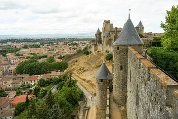 Carcassone castle, spectacular view from ramparts on sunny day, popular tourist landmark in France