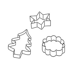 Side view of cookie cutters in different shapes, star, round, Christmas tree, vector outline