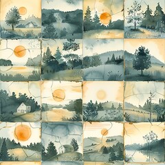 Watercolor tile pattern of pastoral scenes during golden hour, each seamlessly illustrating the countryside's peaceful glow.  Seamless Pattern, Fabric Pattern, Tumbler Wrap, Mug Wrap.