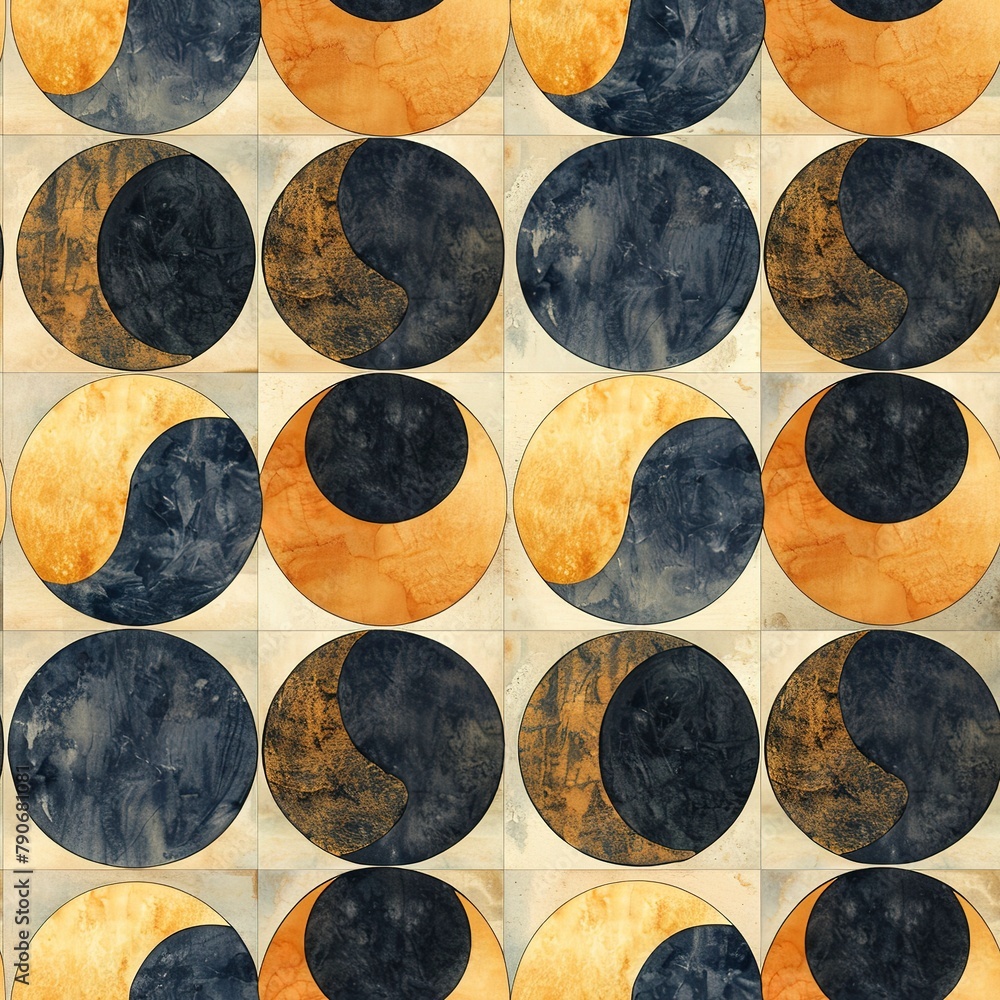 Poster Seamless watercolor tile pattern depicting the phases of a solar eclipse, blending dark and light hues to mimic the celestial event.  Seamless Pattern, Fabric Pattern, Tumbler Wrap, Mug Wrap.