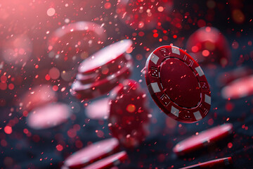 Red poker chips flying through the air, gambling concept - obrazy, fototapety, plakaty