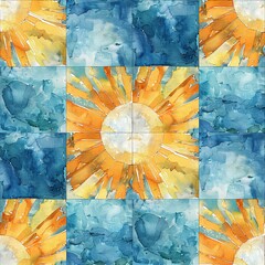 Seamless watercolor pattern of sun rays spreading across the sky, with each tile focusing on the diffusion of light.  Seamless Pattern, Fabric Pattern, Tumbler Wrap, Mug Wrap.