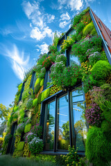 Fototapeta na wymiar A lush vertical garden blooms on the facade of a modern building against a blue sky, exemplifying urban biophilic design.