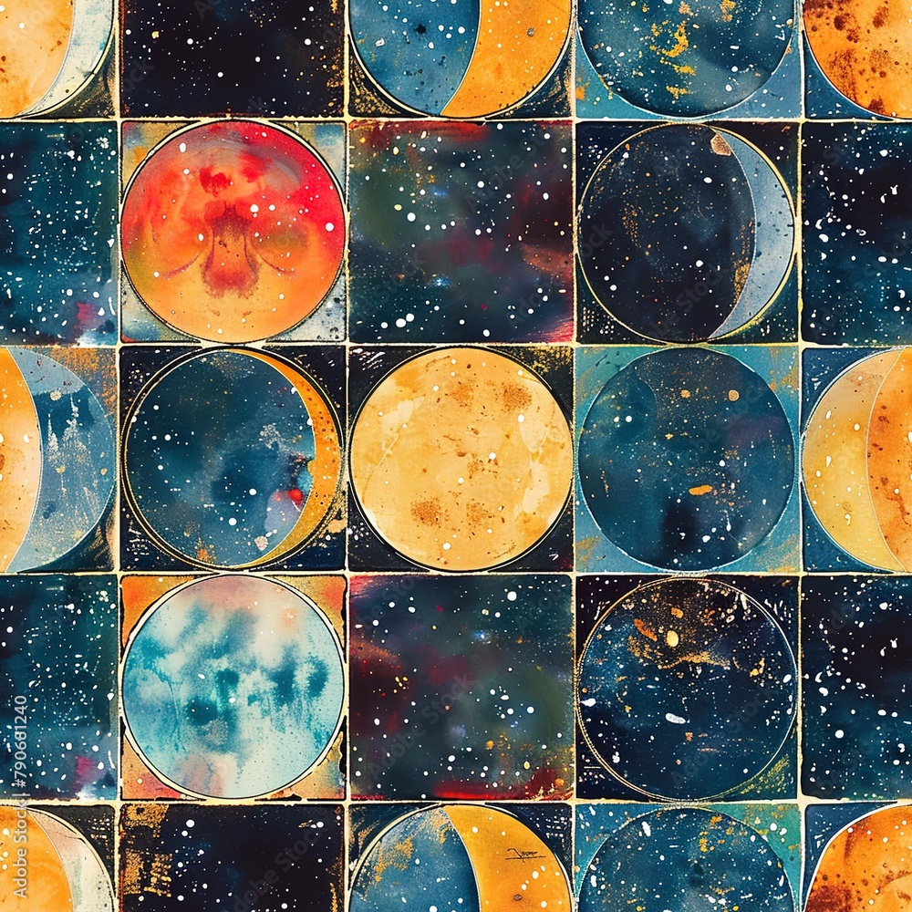 Poster watercolor tiles showing abstract interpretations of a solar eclipse, each pattern piece seamlessly 