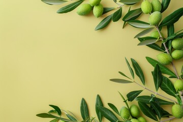 Green olive branches with olives on a yellow background, flat lay, in the style of copy space concept photo stock. National Olive Day.