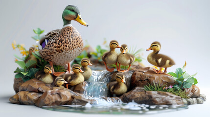 A mother duck and her ducklings are standing in front of a small waterfall