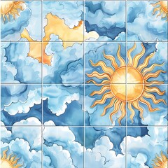 Watercolor tile pattern featuring the sun encircled by clouds, with each piece seamlessly connecting to depict a tranquil sky. Seamless Pattern, Fabric Pattern, Tumbler Wrap, Mug Wrap.