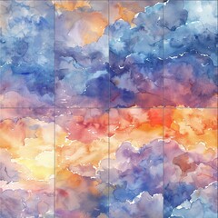 Artistic watercolor tiles of sunlit clouds at dawn, each seamlessly merging to showcase the sky's changing colors.  Seamless Pattern, Fabric Pattern, Tumbler Wrap, Mug Wrap.