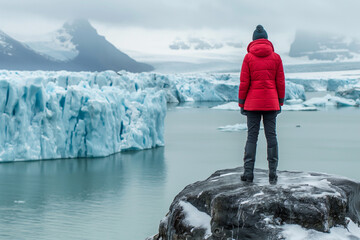 female scientist watches the melting ice and iceberg in polar regions, climate change and crisis, emergency, global warming of the earth, greenhouse gases