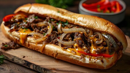 Sizzling Philly Cheesesteak Delight with Onions and Peppers. Concept Food Photography, Comfort Food, Sandwich, Philly Cheesesteak, Onions and Peppers - obrazy, fototapety, plakaty