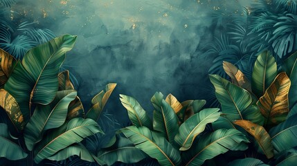 Background modern with gold tropical leaves abstract art. This is a luxury wallpaper full of watercolor, tropical leaf framed, palm leaf, flower, vivid foliage, exotic green and gold brush glitter.