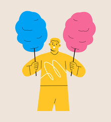 Man holding cotton candy on sticks. Colorful vector illustration