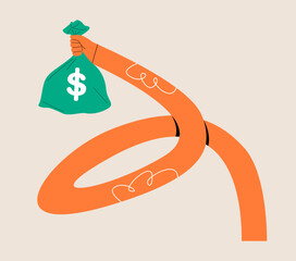 Funny long hand holding a money bag. Colorful vector illustration
