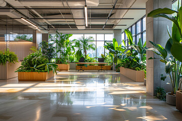 A well light office space filled with potted plants, green work environment