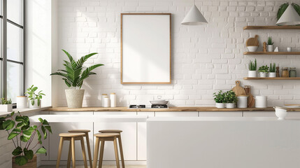 Fototapeta na wymiar Frame mockup adorning kitchen wall, minimalist design, inviting atmosphere, 3D rendered.