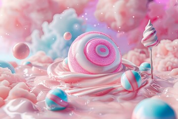 A colorful space scene with a pink background and a colorful planet