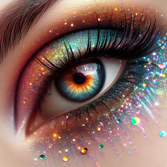 Female Eye with Rainbow Makeup and Glitter Tears 