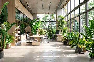 A well light office space filled with potted plants, green work environment