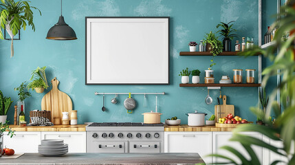 Frame mockup adorning kitchen wall, eclectic decor, vibrant ambiance, 3D rendered. - obrazy, fototapety, plakaty