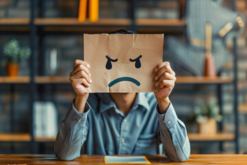 Discontent with the workplace, a man holding up a cardboard depicting a sad face, stress at work, burnout, job dissatisfaction 