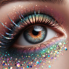 Close-Up of Female Eye with Rainbow Eye Makeup and Glitter Tears 