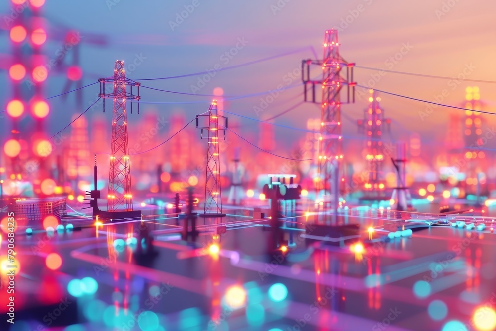 Poster a computer generated image of a city with a lot of power lines