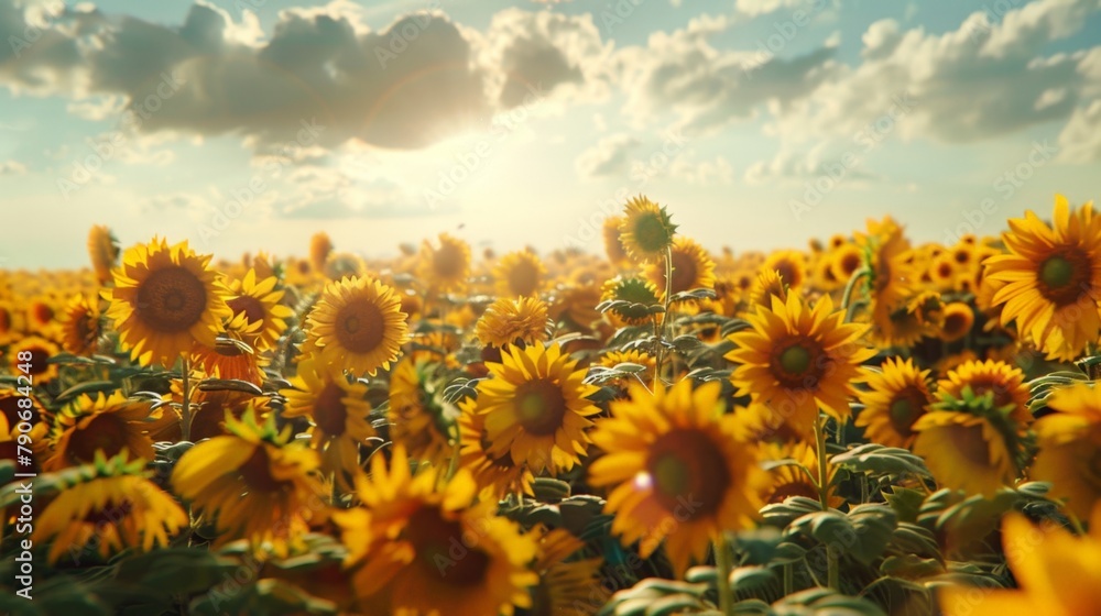 Sticker Field of sunflowers under cloudy sky