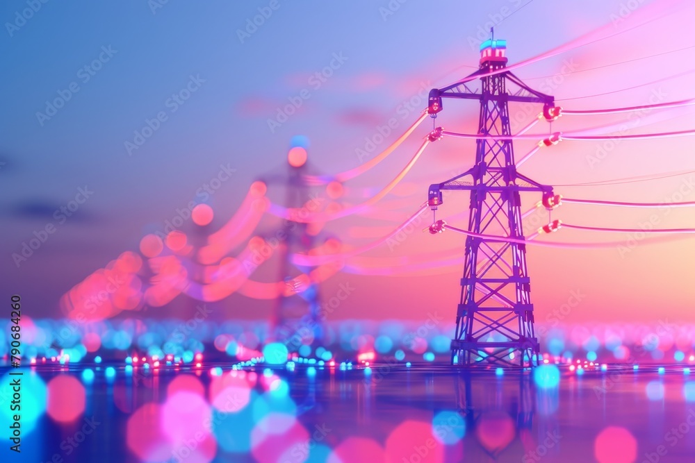 Poster a computer generated image of a city with a lot of power lines