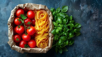 Against a backdrop of sustainability, a paper bag reveals a bounty of healthy fare: colorful pasta intertwined with an array of fresh vegetables