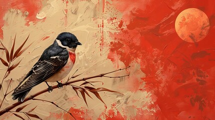 An elegant swallow bird and bamboo leaf branch golden line art on a red background. Design illustration suitable for decoration, wallpaper, posters, banners, cards, and so on. - obrazy, fototapety, plakaty