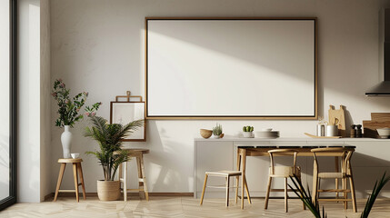 Frame mockup hanging in modern kitchen, clean lines, monochromatic palette, 3D render.