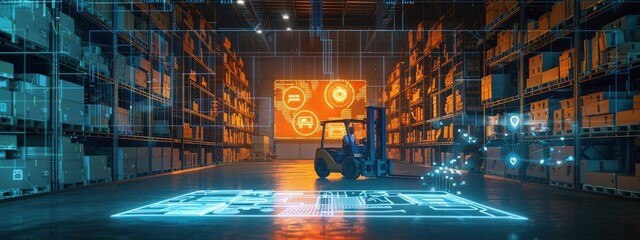 Tall wooden boxes are stacked around on rcak in futureistic warehouse and a forklift is driving through it, has a digital screen icon on floor