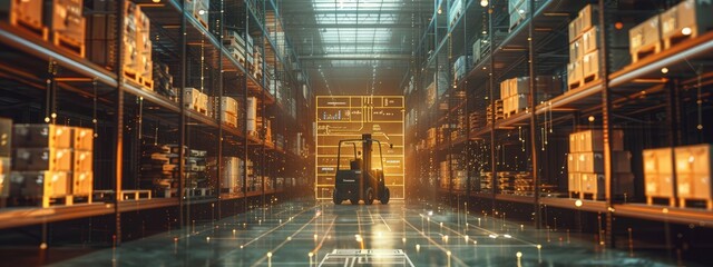 Tall wooden boxes are stacked around on rcak in futureistic warehouse and a forklift is driving through it, has a digital screen icon on floor - obrazy, fototapety, plakaty