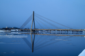 Cable-stayed bridge in Riga in winter