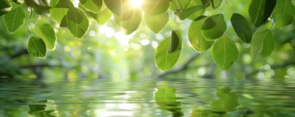 tranquil background featuring greenery and water - obrazy, fototapety, plakaty