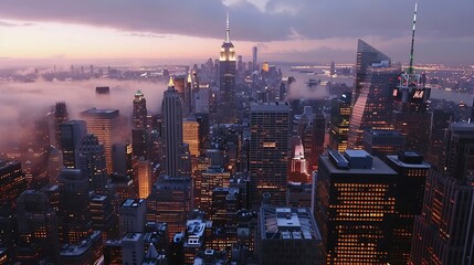Top view of New York skyline in cloudy day at sunset. Skyscrapers of NYC in the fog. Stunning and...