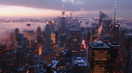 Top view of New York skyline in cloudy day at sunset. Skyscrapers of NYC in the fog. Stunning and magnificent view of famous city