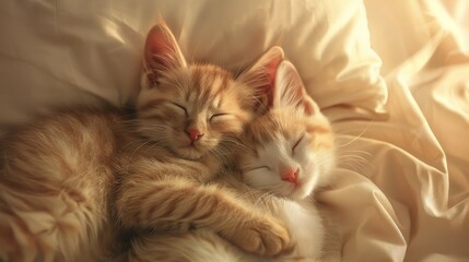 Couple small striped colored kittens sleeping hugging each other at home lying under white blanket.