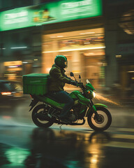 A man rides a vibrant green motorcycle while wearing a matching green helmet, with a green box attached to the back. The cohesive green color scheme adds a unique and striking visual element 