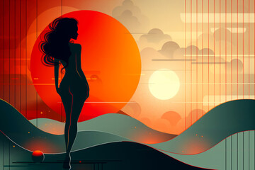 a pixel art illustration of a woman standing in front of the sun