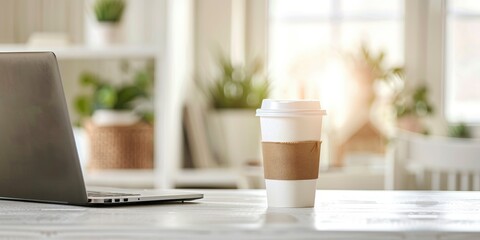white background with a blurry laptop and a coffee cup on a table - obrazy, fototapety, plakaty